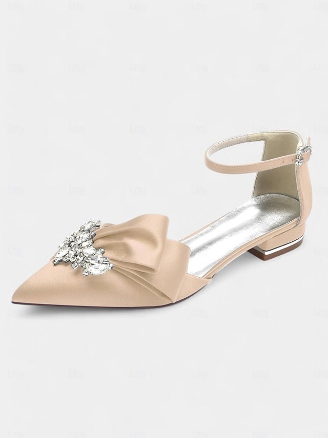 with Heels Pointed-Toe Ankle and White Bow Satin Rhinestone