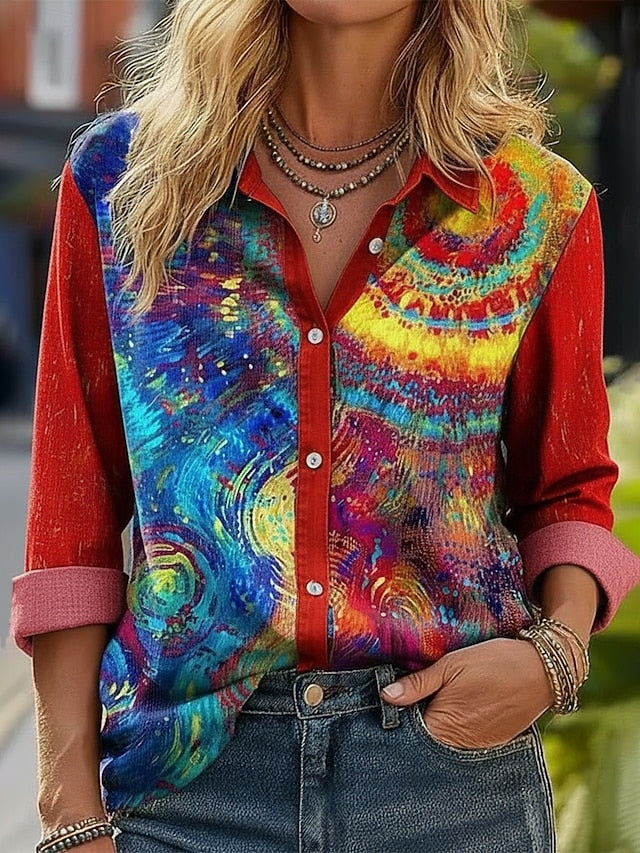 Women's Shirt Faux Cotton Linen Buttons Print Graphic