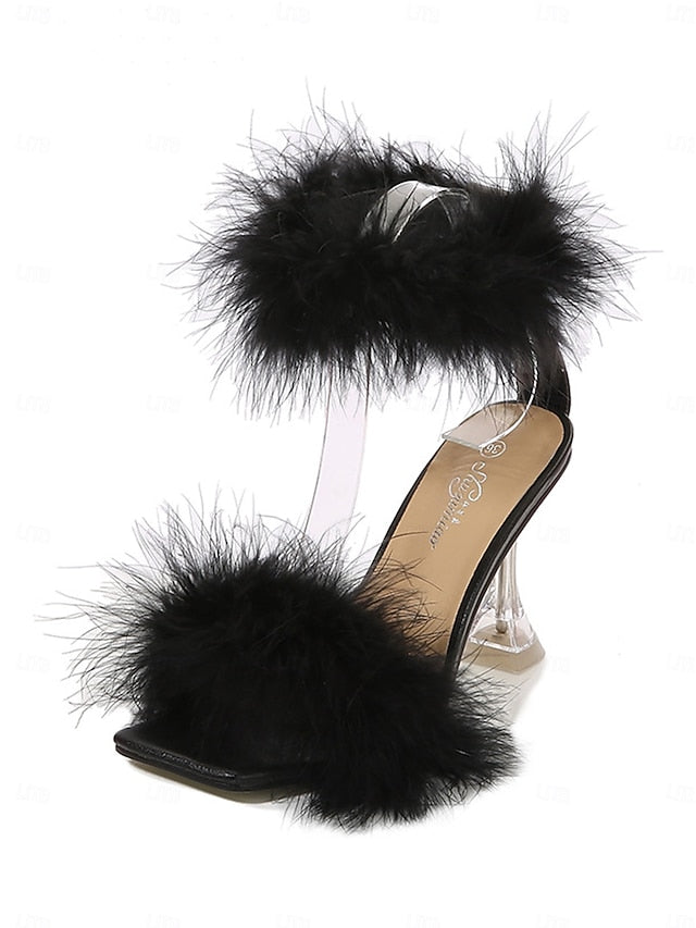 Feather-Embellished Heel Clear with Sandals Turquoise High