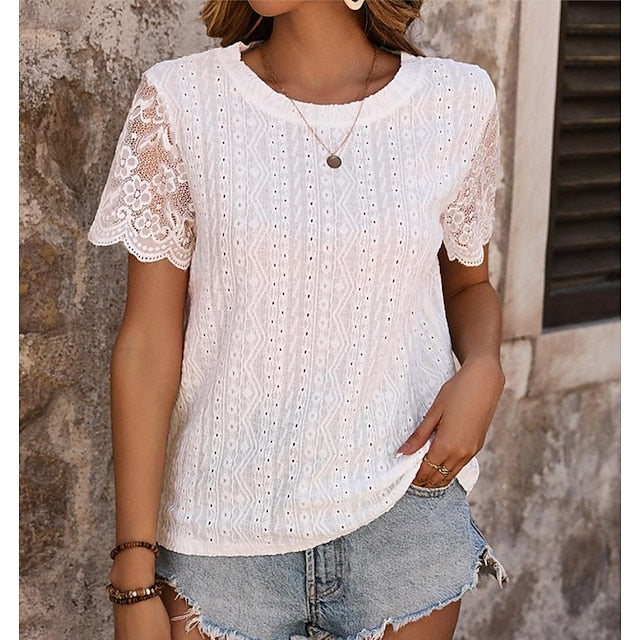 Women's White Elegant Lace Tops Eyelet Blouse Short Sleeve
