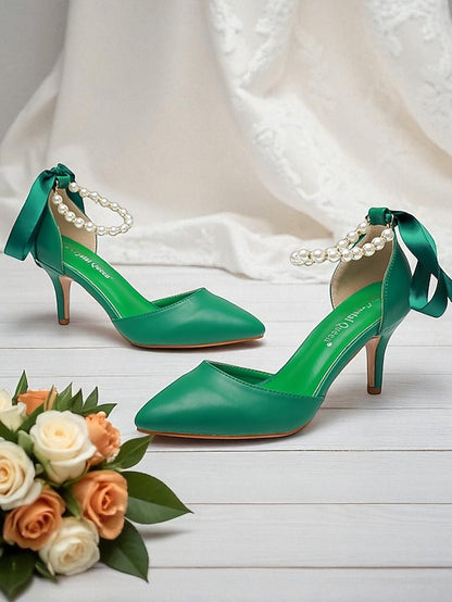 Blue with Ankle Bow Kitten Pumps Pearl - Women's Heel Strap