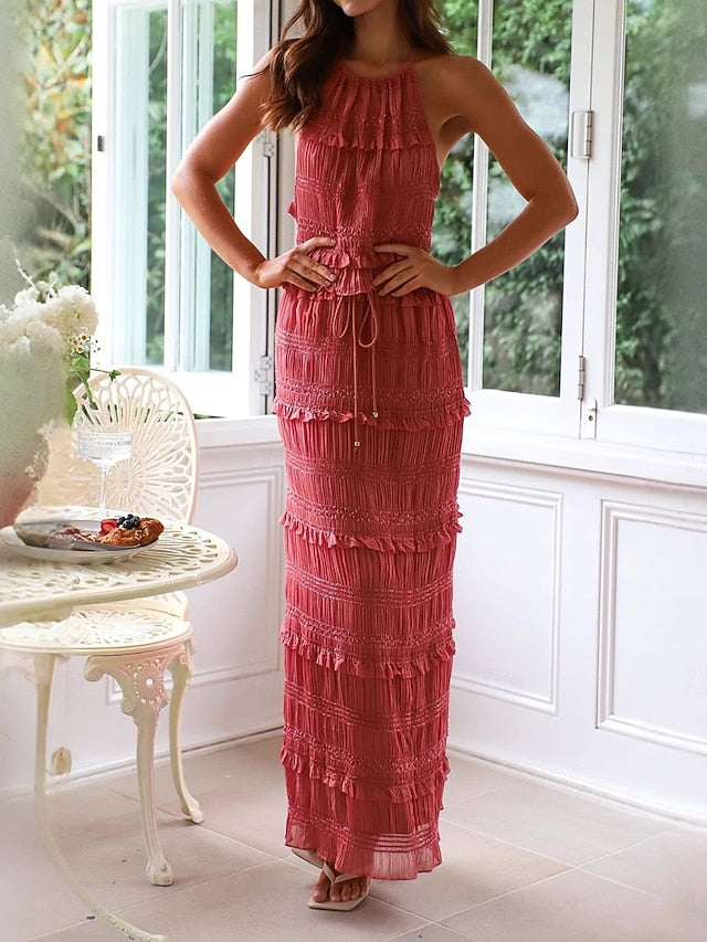 Women's Skirt Sets Sleeveless Halter Neck Plain Ruched Mesh