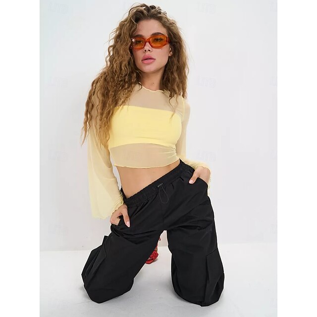 Retro Vintage 1970s Groovy Crop Top Bell Sleeve Disco Mesh Round