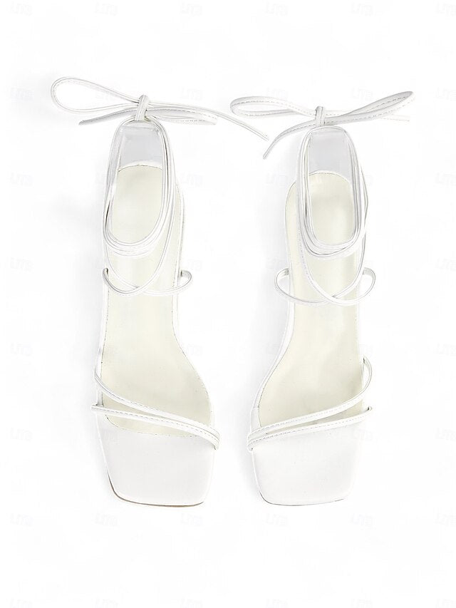 Lace-Up with Heel Block Women's Strappy Clear White Heels