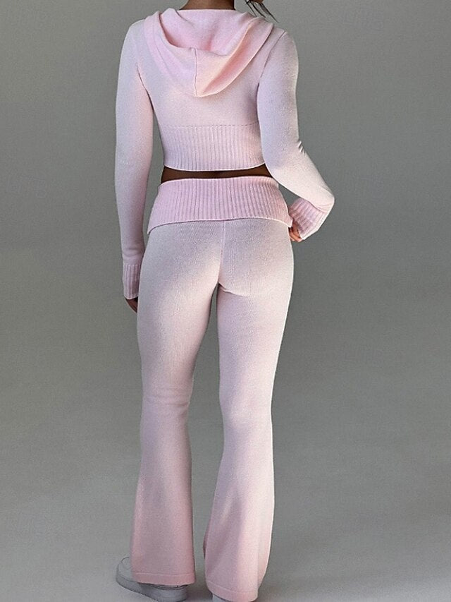 Women's Pants Sets Bolero Top Long Sleeve Hooded Plain