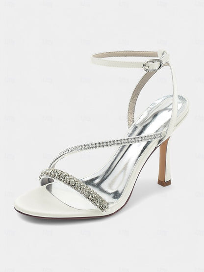 Champagne Rhinestone Satin Heels Sophisticated Strappy –