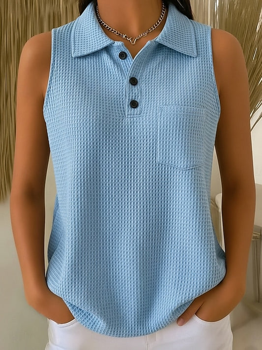 Women's Waffle Shirt Summer Tops Pocket Buttons Solid Color