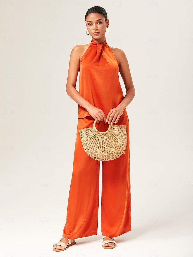 Orange Stand Collar Wide Leg Pants Set