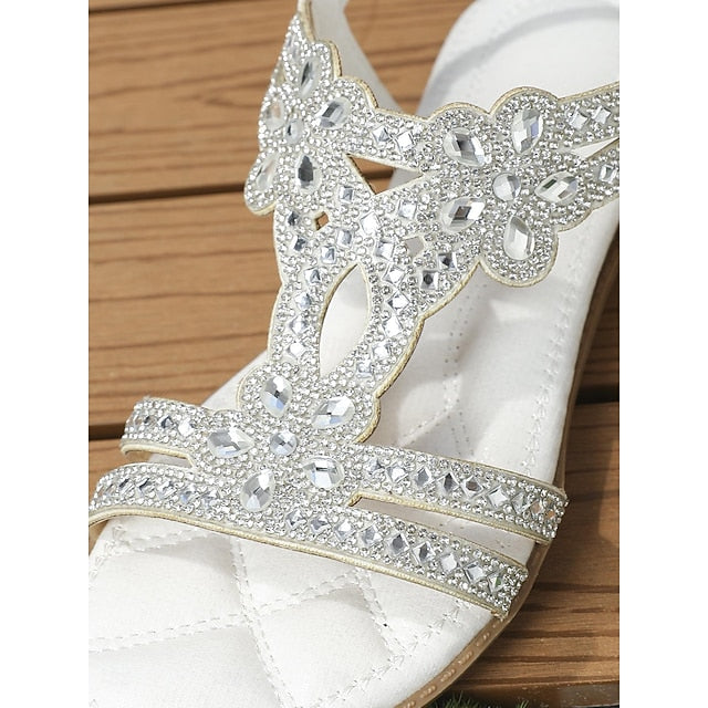 Boho Silver – Rhinestone Sandals Flat T-Strap Women's