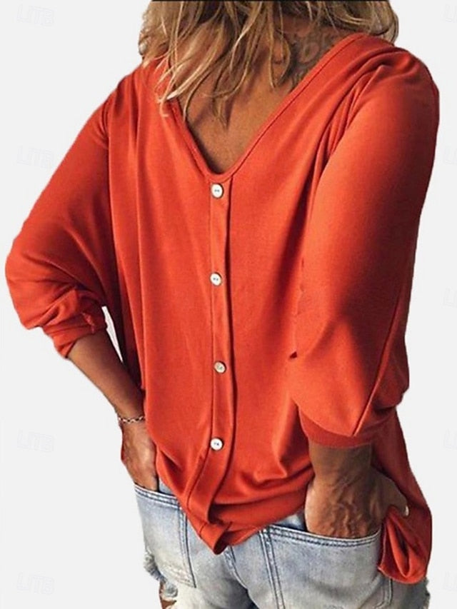 Women's T-Shirt  Solid Color Stylish Casual Long Sleeve V