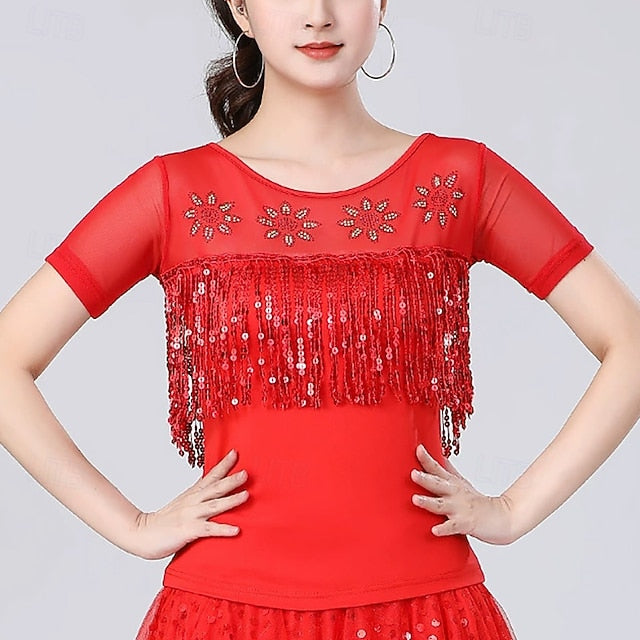 Latin Dance Top Tassel Pure Color Splicing Women's