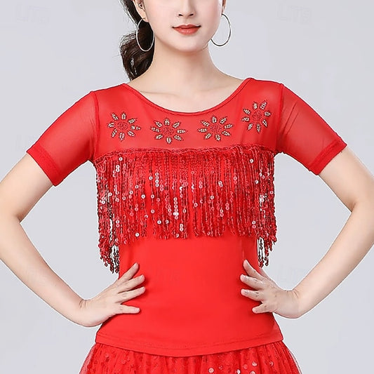 Latin Dance Top Tassel Pure Color Splicing Women's
