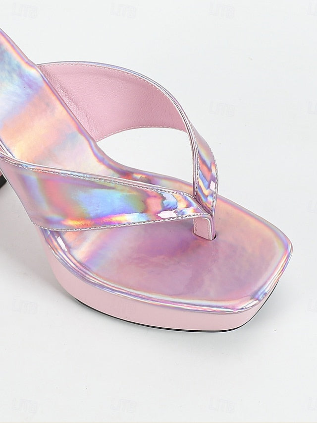 Women's Heels Open-Toe Pink Chunky Iridescent Block with