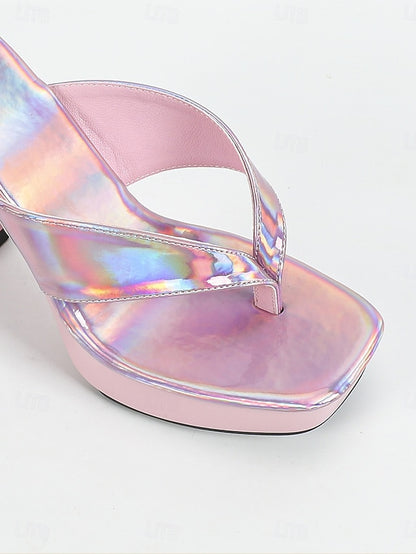 Block Iridescent Chunky Heels Open-Toe Pink Women's with