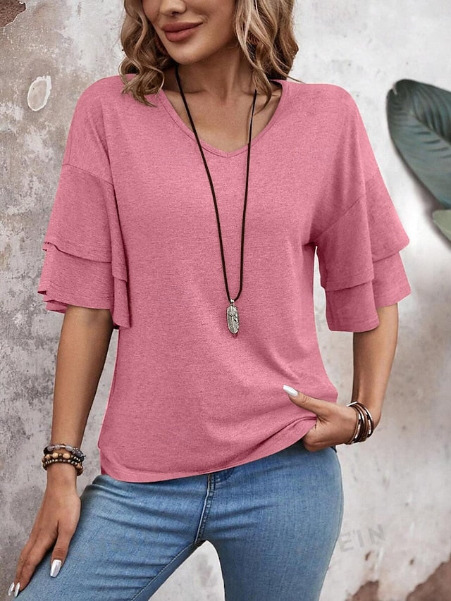 Women's T Shirt Tee Top Ruffle Plain Fashion Stylish