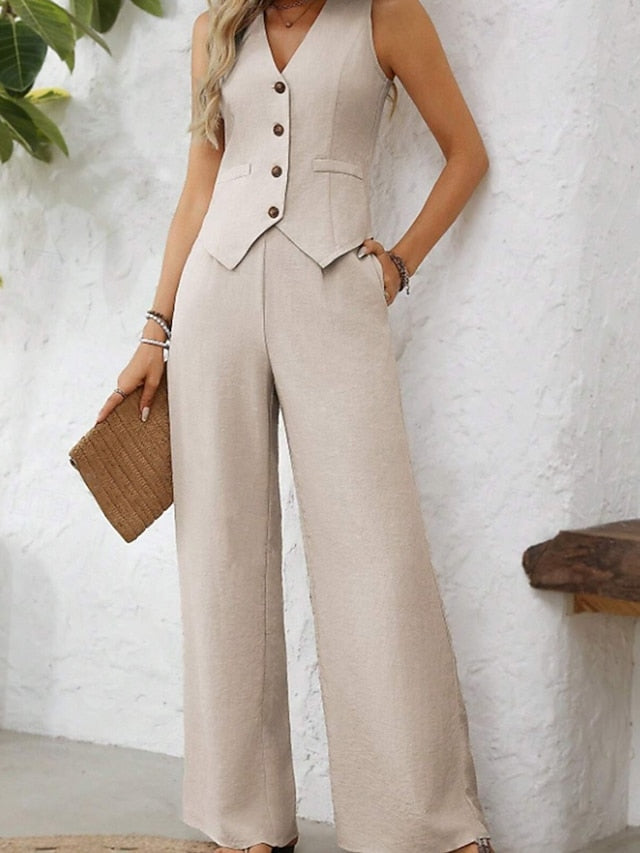 Women's Blouse Vest Pants Sets Sleeveless V Neck Solid