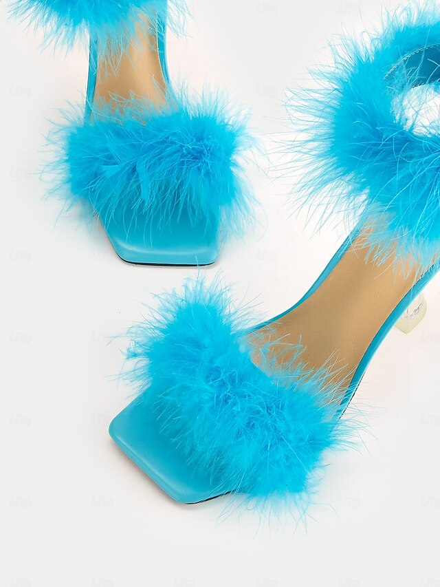Feather-Embellished Heel Clear with Sandals Turquoise High
