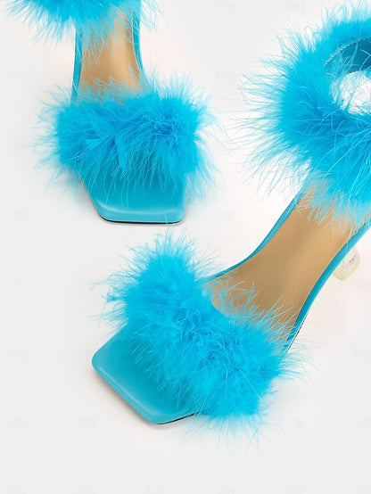 Feather-Embellished Heel Clear with Sandals Turquoise High