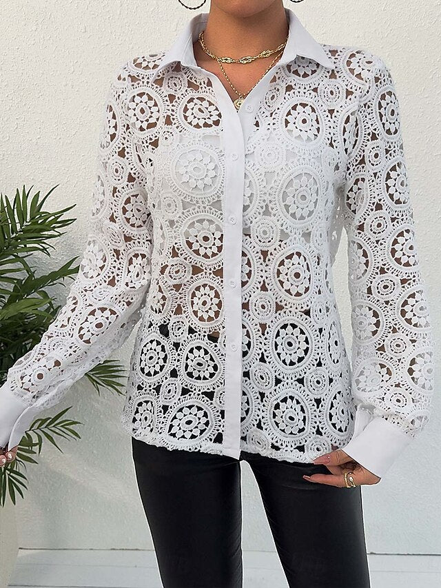 Women's Lace Splicing Top Elegant Long Sleeve V Neck