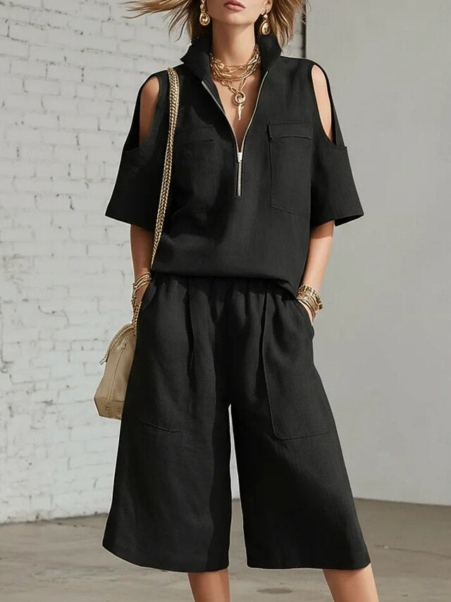 Women's Tracksuit Shorts Sets 3/4 Length Sleeve Shirt