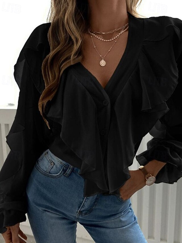 Women's Casual Shirt Blouse Chiffon Tops Ruffle Buttons