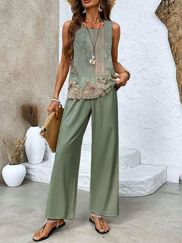 Women's Pants Sets Sleeveless Square Neck Floral Graphic