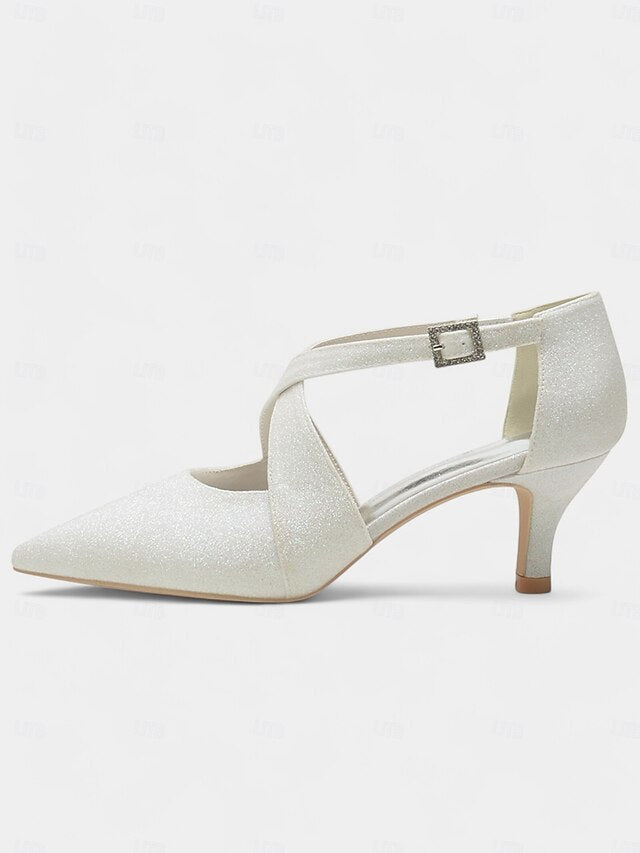 with Cross Heels Strap Buckle Kitten Glitter Rhinestone White