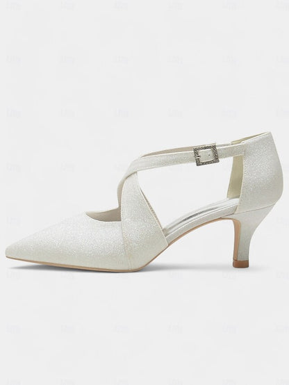 with Cross Heels Strap Buckle Kitten Glitter Rhinestone White