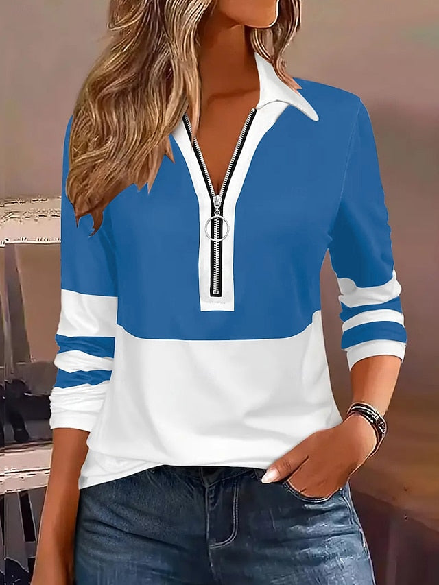 Women's Blouse Patchwork Zipper Geometric Stylish Casual