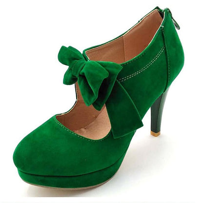 Women's High Suede Heel Red Platform Pumps Vintage – Bow