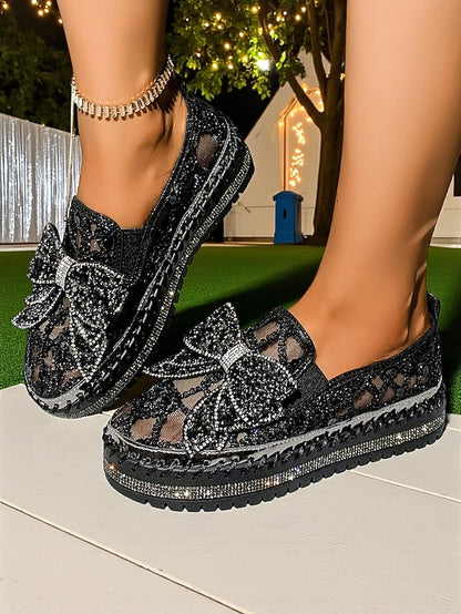 Women's Shoes Rhinestone Black with Lace Bow Slip-On
