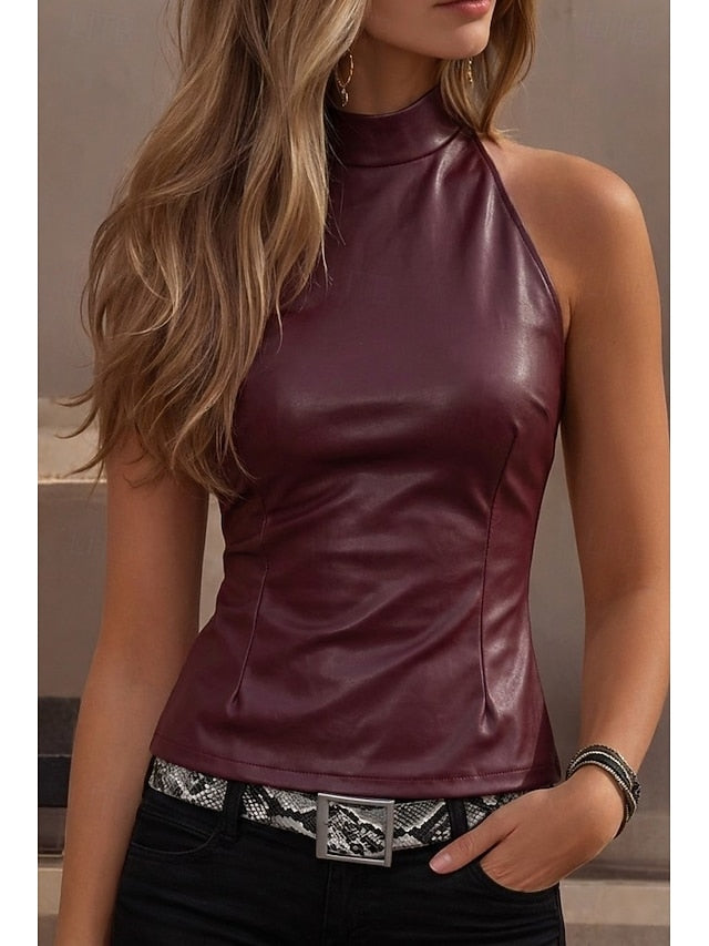 Women's Slim fit top Faux Leather Tank Tunic Back Zipper