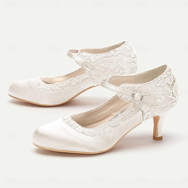 Satin Comfortable - Heels Elegant Red Women's Lace Mid-Heel