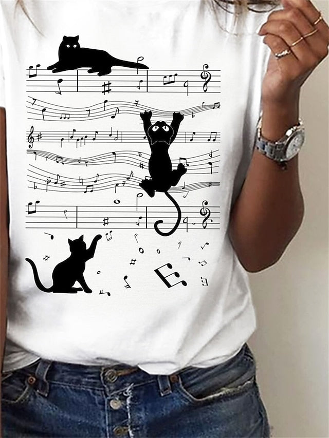 Women's T Shirt Basic Cat Print Short Sleeve Regular Tops