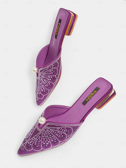 Pearl Mules - Women's Glamorous Detail with Rhinestone Gold