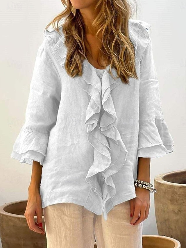 Women's Shirt Blouse Faux Cotton Linen Ruffle Solid Color