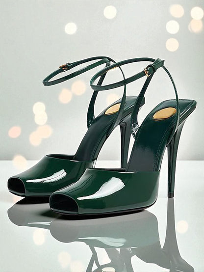 Leather Heels Peep High - Women's Toe Patent Green Dark