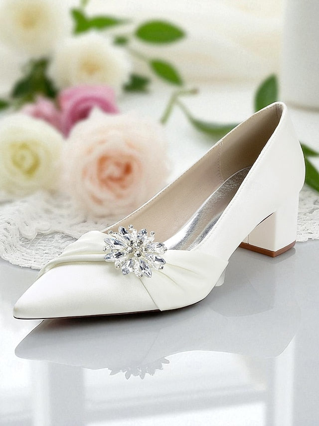 Heel Pumps Women's Block with Crystal White Low