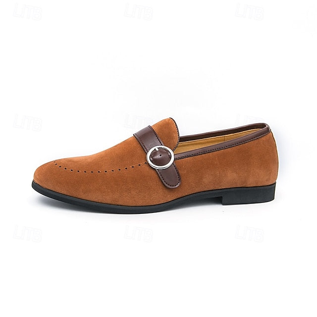 Loafers Buckle Slip-On Strap Brown Suede with Faux Men's