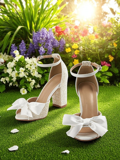 with Glitter Heel Ankle Block White Women's Wedding Sandals