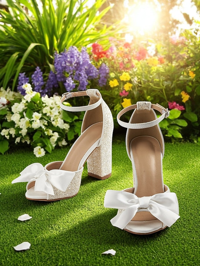Heel Ankle White Wedding Glitter Women's Block with Sandals