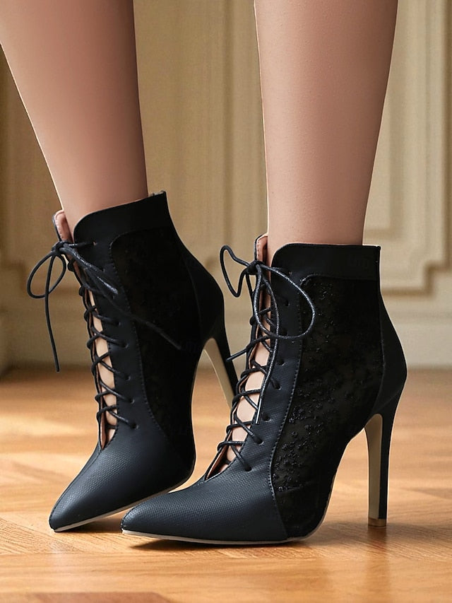 Women's Ankle White Booties Lace with Mesh Stiletto Heels