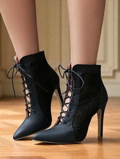 Women's Ankle White Booties Lace with Mesh Stiletto Heels
