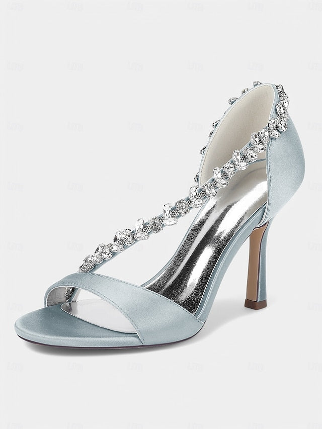 Champagne Crystal Satin High T-Strap Women's Heels with –