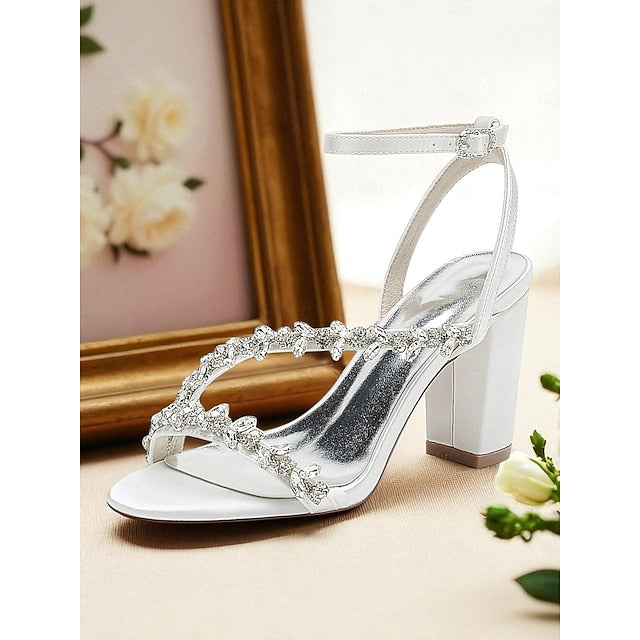 Rhinestone Women's Straps Block Heel - White Sandals with