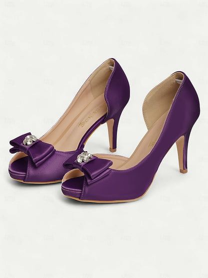 Bow Heels Women's Peep Satin with Champagne and Toe