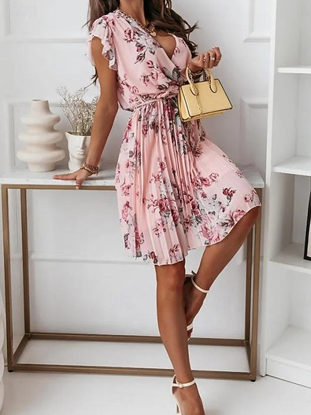 Women's Casual Dress Floral Print V Neck Mini Dress Stylish