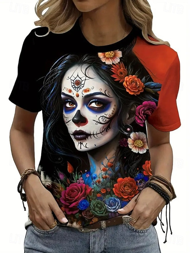 Women's T Shirt Skulls Floral Graphic Vintage Stylish