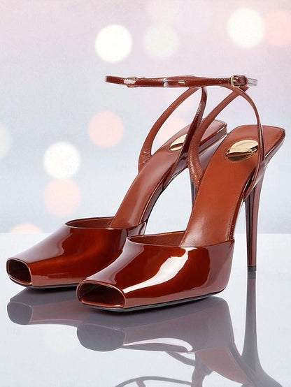 Dark Heels Toe Peep Leather Patent Women's Green High -