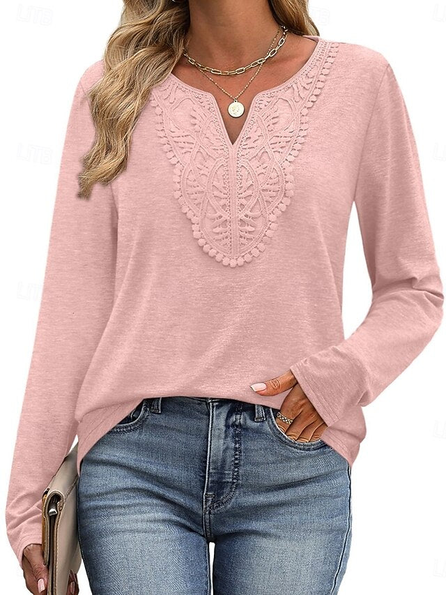 Women's Blouse Patchwork Embroidered Solid Color Stylish